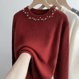 Red Wool Knit Sweater round Neck Pearlescent Decoration Womens Inner Wear Fashionable Commute Korean Style Thickened Long Sleeve