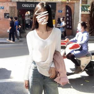 Loose Fit V-Neck Long Sleeve T-Shirt Womens Base Layer Shirt Slimming Lazy Style White Color Commute Fashion Autumn New Arrival