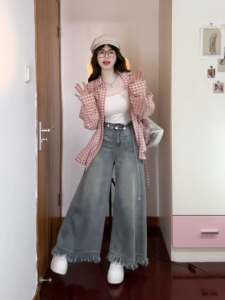 Retro Tassel High Waist Wide Leg Denim Jeans Womens Autumn Winter New Washed Light Color Loose Slim Straight Long Pants