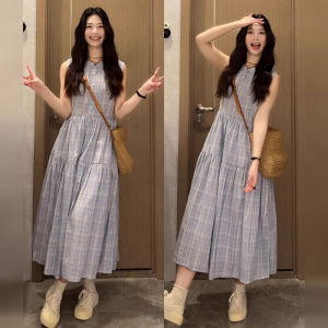 unifittoo | Summer Beach Holiday Style Blue Check Sleeveless Dress