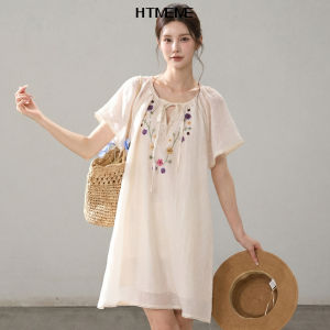 HTMEME | Loose Tencel Embroidery Lace Dress Medium Length