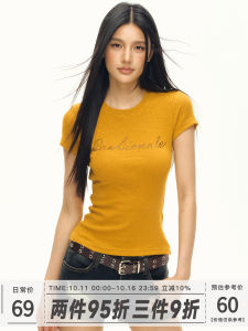 Yellow Short Sleeve T-Shirt Womens Summer Slim Fit White Waist-Cut Shoulder Diamond Design Street Style Cotton Blend Top