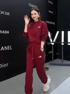 Red Cotton Casual Sportswear Set Womens Slim Fit Sweatshirt Two Piece Suite Spring Autumn Fashionable Korean Style