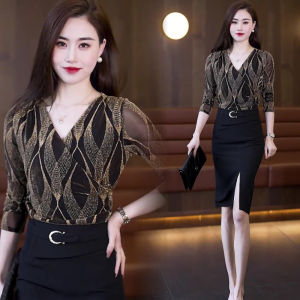 Fashionable Mesh Base Shirt Womens Outerwear T-Shirt Belly Cover Slimming V-Neck Long Sleeve Slim Fit Casual Wear