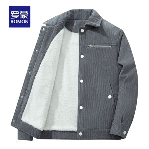ROMON | Lormen Mens Corduroy Jacket Spring Autumn Winter Lamb Velvet Warmth Coat Dad Style Fashionable Urban Standard Fit Zipper Detail
