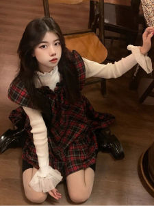 Christmas Atmosphere Red Plaid Vest Dress Set New Years Outfit Small Size Womens Korean Style Long Sleeve A-Line Skirt