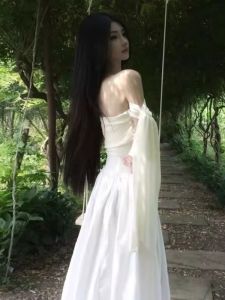 French Style Gentle Elegant One Shoulder Long Slimming Dress Beautiful Fairy Dress Summer Season Soft Fabric No Sleeve A-Line Skirt