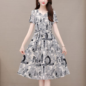 MAIMEI | Elegant Summer Dress Womens High Waist A-Line Skirt Slimming Belly Cover Fashionable Korean Style V-Neck Short Sleeve Dress
