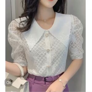 ลูกไม้ชีฟองเสื้อคอปกลูกไม้ด้านบนผู้หญิงแขนสั้น 2024 ฤดูร้อนใหม่บิ๊กคอตุ๊กตาสั้นสีขาวท็อปส์ซู