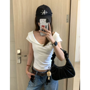 YUEZHONGWEI | French Sweet Doll Collar White Short Sleeve T-Shirt Womens Summer New Style Slim Fit Short Length Top Korean Style Commute