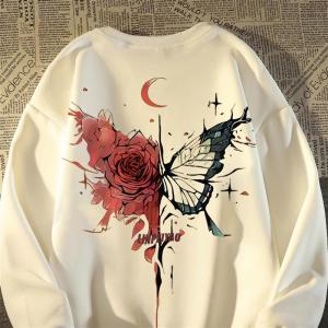 American Style Vintage Rose Butterfly Sweatshirt Men Women Spring Autumn Thin Oversize Couple Outfit Hoodie Casual Wear