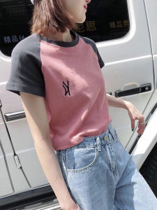 เสื้อยืดผ้าฝ้ายแขนสั้นสําหรับผู้หญิงเอวสูงเสื้อผ้าทํางานสลิมฟิตเสื้อสวมหัวคอกลมชิ้นเดียวสินค้าคงคลัง