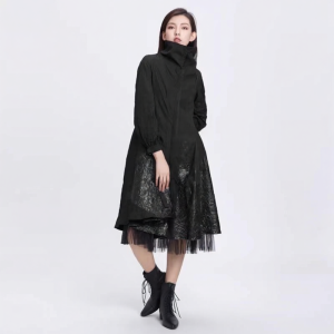 SDEER | Spring A-Line High Neck Textured Ruffle Mesh Coat