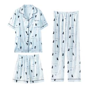 MiiOW | ชุดนอนผ้าไหมน้ำแข็งแขนสั้นฤดูร้อนสำหรับผู้หญิง ชุดนอนไม่ติดขนแมว ชุดอยู่บ้าน 3 ชิ้น ลายการ์ตูนสุดน่ารัก เสื้อผ้าใส่สบาย