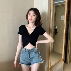 Summer Iadies New Solid Color Bottoming Shirt Careful Machine Cross Short sleeved T shirt Women s Slim Top