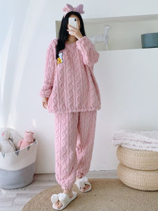 Thickened Flannel Sleepwear Women Winter Set Large Size Warm Coral Fleece Home Clothes round Neck Long Sleeve Pants Home Leisure