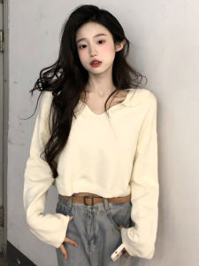 Loose Long Sleeve V-Neck Knitwear Top in Apricot for Women Spring Autumn High Waist Short Style Base Layer T-Shirt Slimming Effect