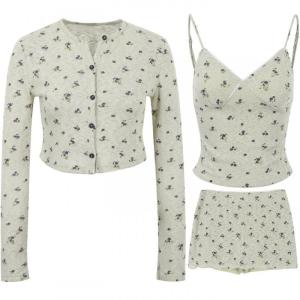 Long Sleeve V-Neck Flower Print Green Top