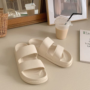 Trendy Double Strap Womens Sandals Slippers Thick Heel Anti-Slip Indoor Outdoor Wear Pure Color Roman Style Flat Bottom PVC