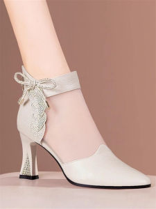 ผู้หญิง หนัง Hollow Out ตาข่าย รองเท้าบูทส้นหนาชี้นิ้วเท้าสบาย ถุงเท้าถึงกลางน่อง รองเท้าแฟชั่นเพชรประดับแพลตฟอร์มกันน้ํา