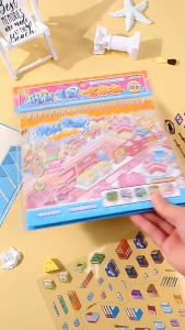 3D DIY Miniature Scene Sticker Book Mainan Buku Pelekat Comel Food Supermarket Stacking Kids Toy