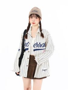 Tagkita | American Retro Striped Baseball Embroidery Shirt Long Sleeve Loose Jacket