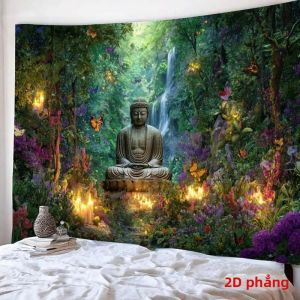 VIKAMA Zen Rừng Tượng Phật Tấm Thảm Thác Nước Sân Vườn Nghệ Thuật Treo Tường Cho Phòng Khách Phòng Ngủ Phòng Tập Yoga Trang Trí Nhà Hình Chữ Nhật Polyester
