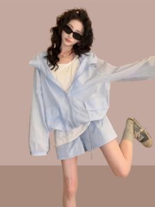 Summer 2025 Womens Casual Fashion Sport Two-Piece Set Small Size Sun Protection Clothing Shorts Zipper Closure Long Sleeve Hoodie