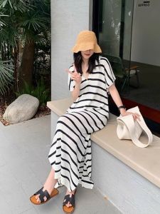 Summer New Korean Style Ice Silk Knitted Long Dress Loose V-Neck Midi Skirt Comfortable Lazy Split Design Breathable Dress