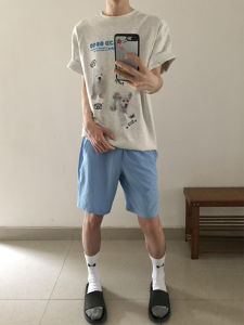 Ice Blue Mens Sport Shorts Summer Thin Quick Dry Ice Silk Straight Leg Five-Quarter Pants Casual Loose Fit Elastic Waist