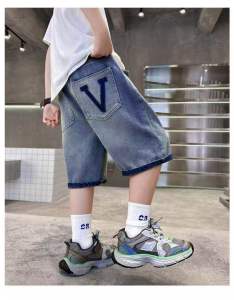 Quần Jean Lửng Quần Bò Lửng Cho Bé Trai Từ 22-50Kg Co Giãn In Chữ V Túi Sau Thời Trang Cá Tính Cho Bé Đi Chơi Đi Học