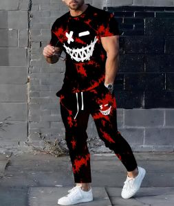 2025 Summer new mens Tracksuit 2-piece tracksuit Evil Smile 3D Printed Summer casual mens suit Short sleeve T-shirt + pants