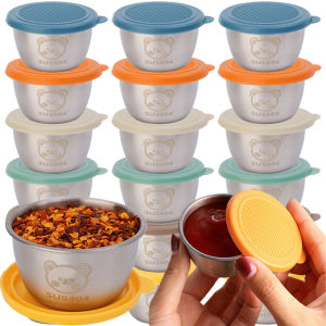 6/12pcs 304 Stainless Steel Condiment Sauce Cups / Cute Bear Sauce Cup with Silicone Cover / Portable Sealed Dipping Sauce Containers Box / Kitchen Sauce Cup for Ketchup Salad Dressing