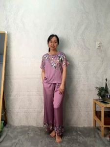 Lua22 Đồ bộ mặc nhà lụa Latin tay ngắn quần ống rộng dài 9 tấc đồ mặc nhà trung niên size lớn từ 50 - 75 kg