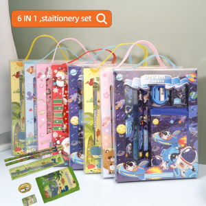 6 in1 Color Box Pencils Stationary Set for Pre-School Kid Pencil Eraser Sharpner Set with Pencil Ruler Eraser