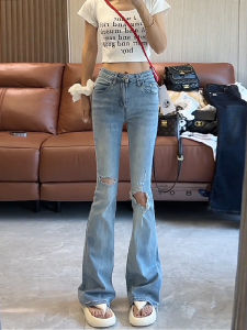 กางเกงยีนส์ทรงขาบานเอวสูงสำหรับผู้หญิง กางเกงขายาวทรงขาบานยืดหยุ่น ทรงสลิมฟิต แฟชั่นฤดูใบไม้ร่วง 2025 ใหม่