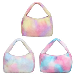 11THRainbow Shoulder Bag Simple Fluffy Tote Bags Large Capacity Gradient Handbag Colorful Top-handle Bag Slouchy Shopper Bag