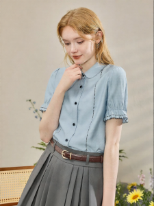 Áo sơ mi nữ cổ búp bê tay ngắn phồng nữ tính trẻ trung