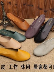 Spring Summer New Style Genuine Leather Flat Bottom Toe Cover Sandals Womens Original Retro Artistic Handmade Soft Leather Shoes