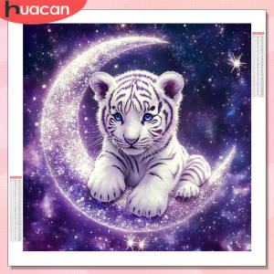 HUACAN 5D Diamond Painting Tiger Animal Full Square Round Drill Wall Decor Diamond Mosaic Moon Cross Stitch