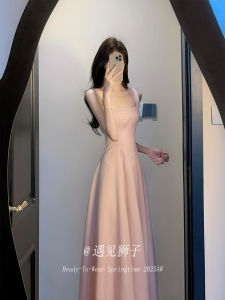 French Style Pink Square Collar Strapless Dress Women Summer Evening Light Ceremony Waist Cinched Long Skirt High Waist A-Line Dress