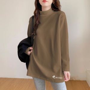 Fat mm 150.00kg Dralon Plus Size Womens Clothing 100.00kg Long Sleeves Brushed Loose T-Shirt Womens Fall and Winter Half Turtleneck Bottoming Shirt