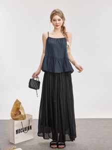 French Style Loose High Waist Midi Dress Blue Flower Bud Strap Vest Women Summer New Style A-Line Skirt Casual Commute
