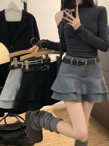 กระโปรงทรงเอเอวสูงทรงเค้กหนาปานกลางสีเทาลายหางปลา กระโปรงสั้นทรงเอแบบพองขากลวงสองชั้น ฤดูใบไม้ร่วง/ฤดูหนาว