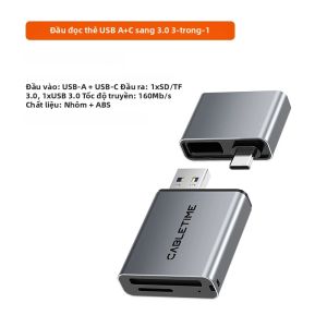 Đầu Đọc Thẻ CABLETIME 3 Trong 1 USB 3.0 Hợp Kim Nhôm Thiết Kế Nhỏ Gọn Cho iPhone 17 iPad - Bộ Chuyển Đổi Thẻ Nhớ SD/TF Kết Hợp Cổng USB A & C