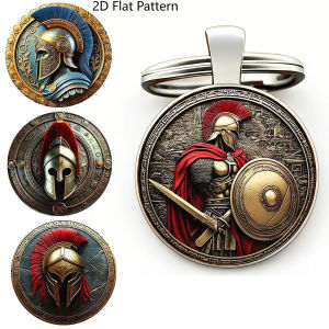 1PC Retro Knight Warrior Helmet Keychain 2D Flat Glass Dome Design Viking Riding Medieval Armor Key Ring Unique Gift for Men