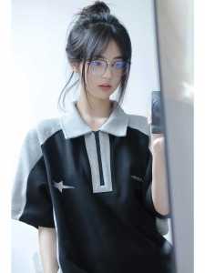 Loose Cotton Polo Shirt Short Sleeve Womens T-shirt Summer Fashion High School Student Casual Top Creative Print Splice Design