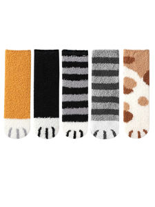 5 Pairs Women Winter Warm Fluffy Socks Cute Animal Claw Cat Paw Footprint Fuzzy Socks Female Thick Coral Fleece Home Floor Sleep