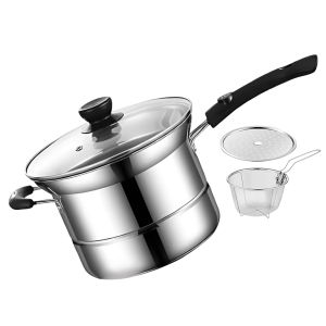 [VSC] One-Handled Pot with Strainer Drain Shelf Lid Pasta Cooking Pot Multipurpose Sauce Pan Stainless Steel for Soup Rice Noodles