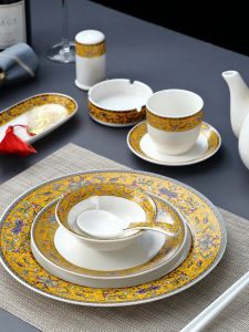 Elegant Enamel Ceramic Dining Set for Banquet Hall Restaurant Private Room High End Hotel Dinnerware Gold Rimmed Chinese Style